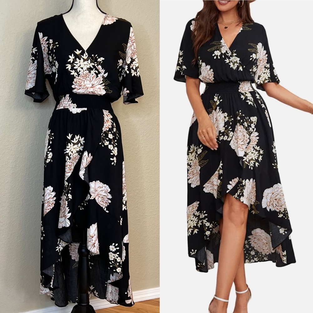 KorKei Floral Faux Wrap High Low Rayon Dress